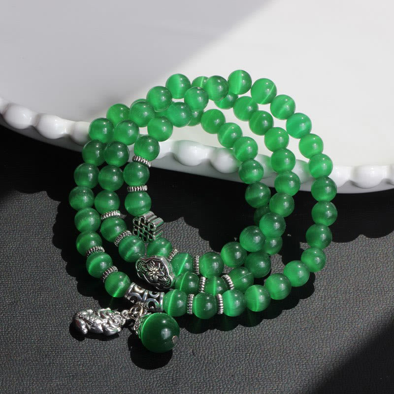 Grünes Katzenauge Armband PiXiu Dreifach elastisch Naturstein glänzend