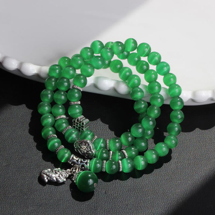 Grünes Katzenauge Armband PiXiu Dreifach elastisch Naturstein glänzend
