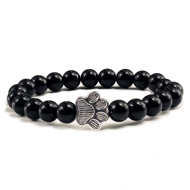 Schwarzes Obsidian Armband mit Hund Charm Naturstein elastisch.