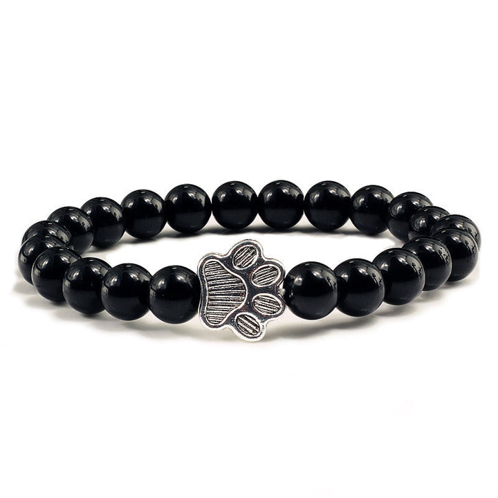 Schwarzes Obsidian Armband mit Hund Charm Naturstein elastisch.