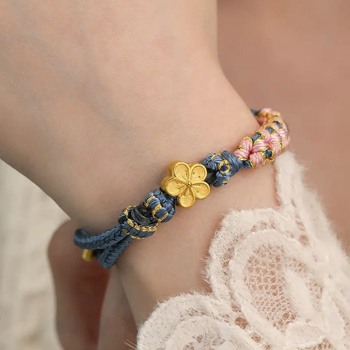 Armband Pfirsichblüte – Wohlstand goldene Blume Baumwollkordel Handgelenk