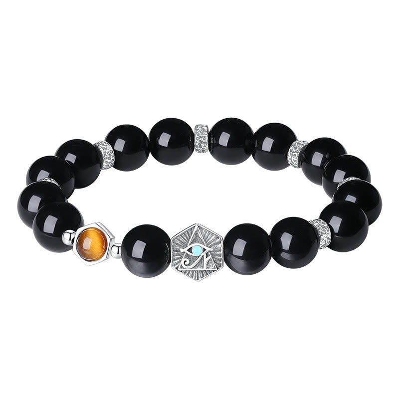 Schwarzer Obsidian Armband 925 Silber mit Auge Charm elastisch