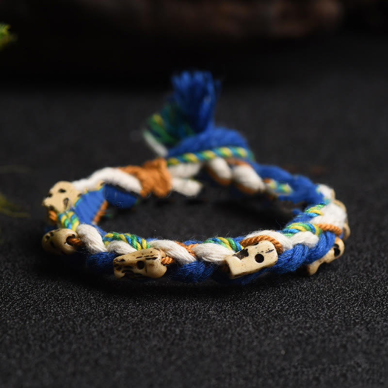 Armband – Glück & Wohlstand & Harmonie bunte Schnur Holzperlen blau weiß orange