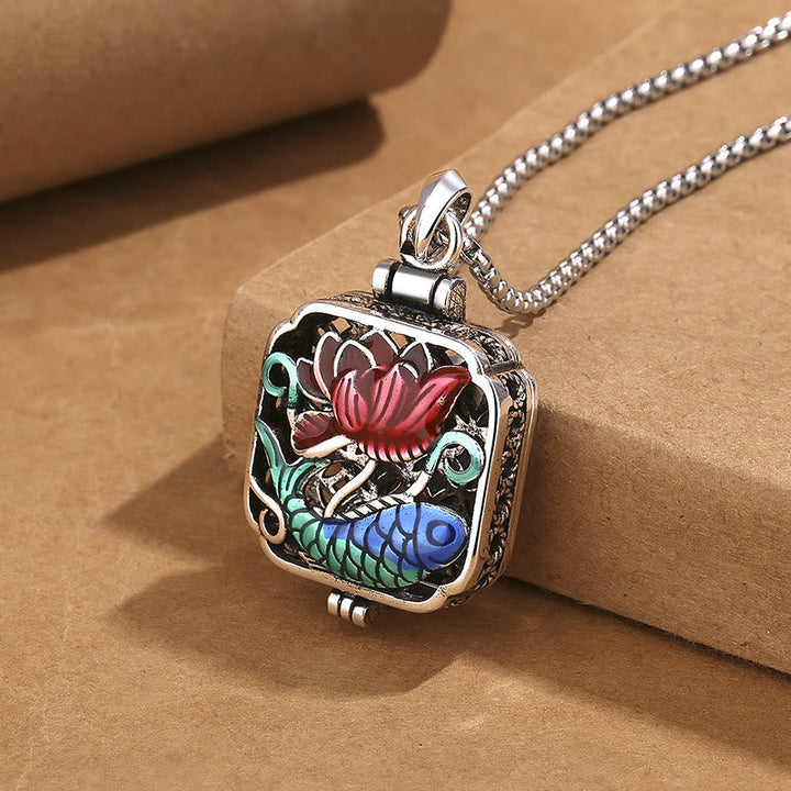 Kette Kupfer Lotus Koi Münze – Echter Naturstein – Kette Kupfer Lotus Koi Münze bunte Emaille Anhänger Silber
