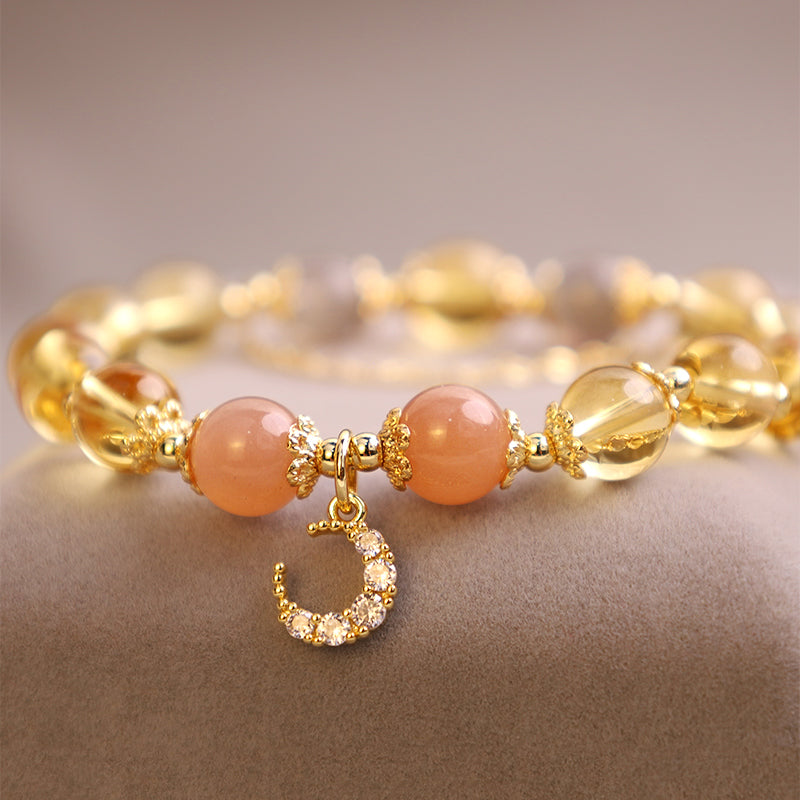 Armband Citrin Mond – Energie mit Rosenquarz und goldenen Perlen elegant.