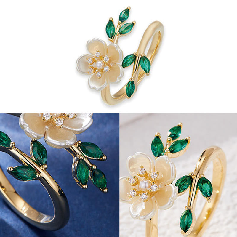 Ring Perle Zirkonia Blume grüne Steine Glück Wohlstand elegant