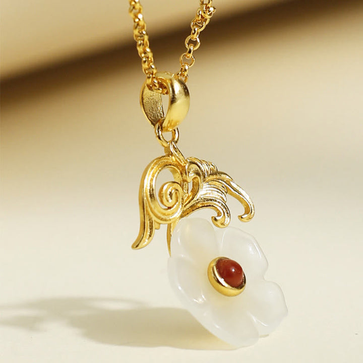 Hetian Jade Blume Anhänger goldene Kette mit Naturstein Glück