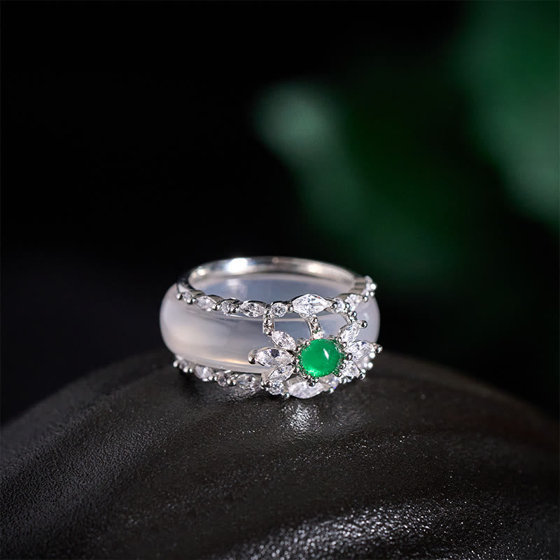 Silber Ring grüner Chalcedon Zirkon Blume Positivität Wohlstand