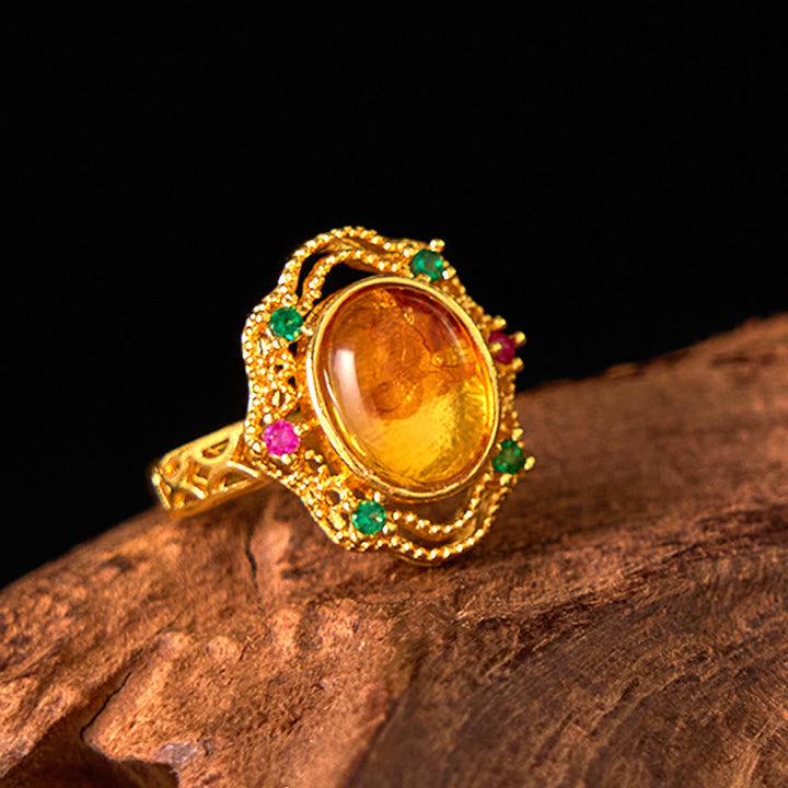 Ring Bernstein Blume mit Gold Smaragd Rubin Fengshui Glück