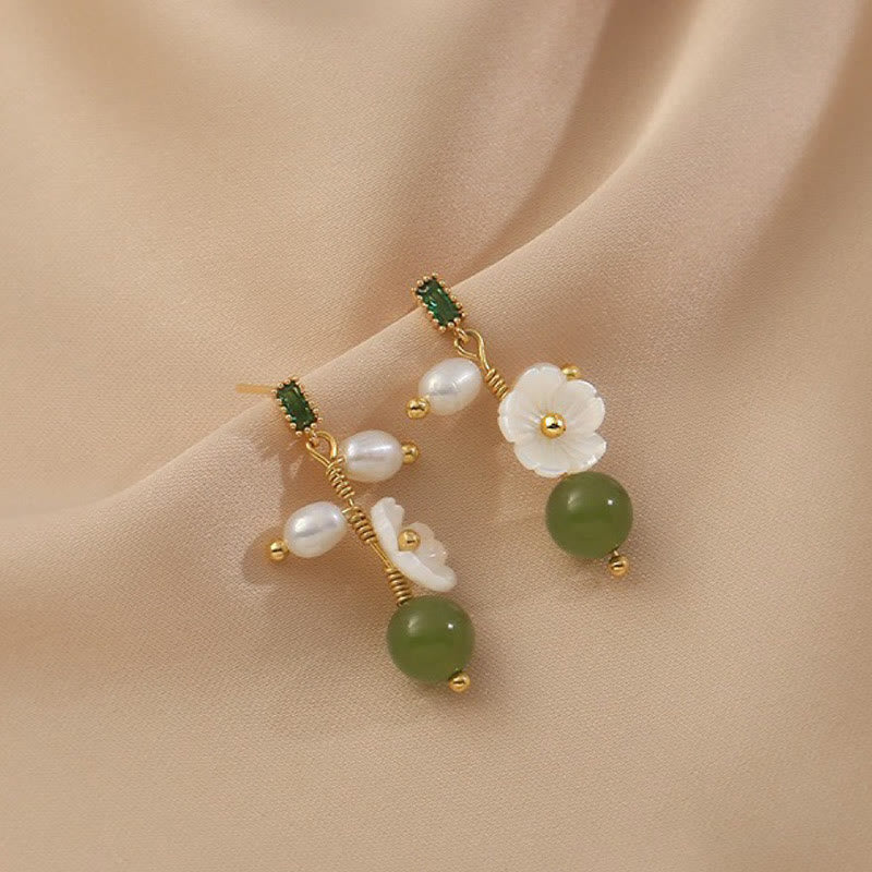 Ohrringe Hetian Jade Perle Blume elegant Boho Schmuck spirituell Ohrhänger