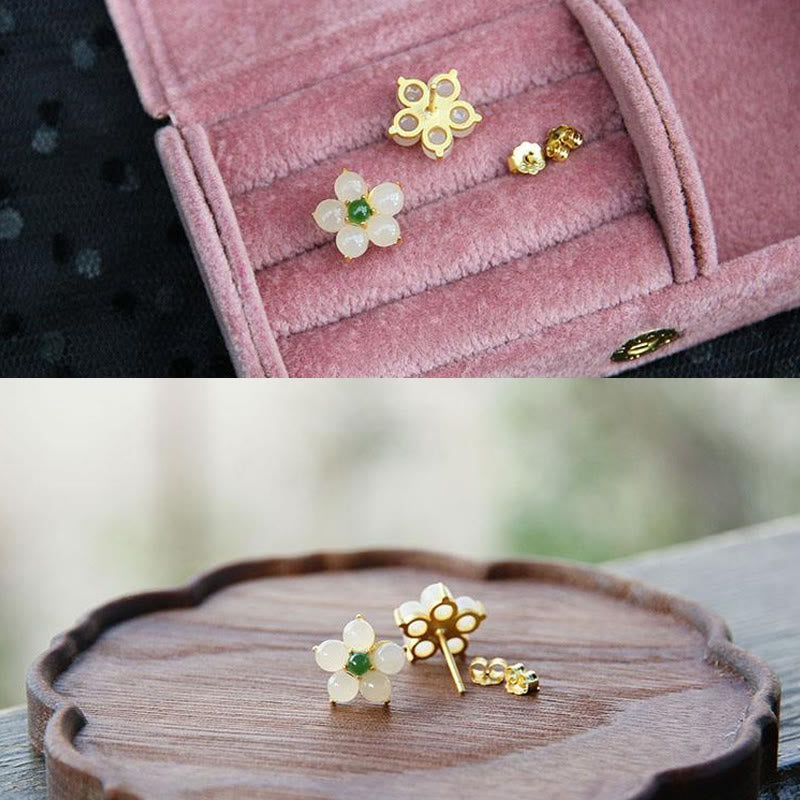 Ohrringe Weiße Jade Blume Gold Schmuckschatulle Holz Boho zart