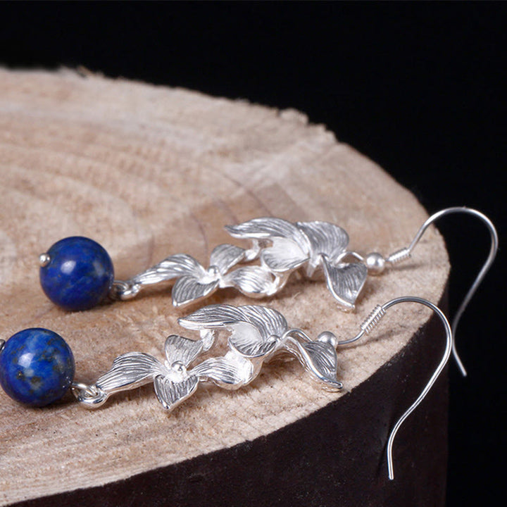 Ohrringe Silber Lapislaziblauer Blume Boho Schmuck spirituell Ohrhänger Holz
