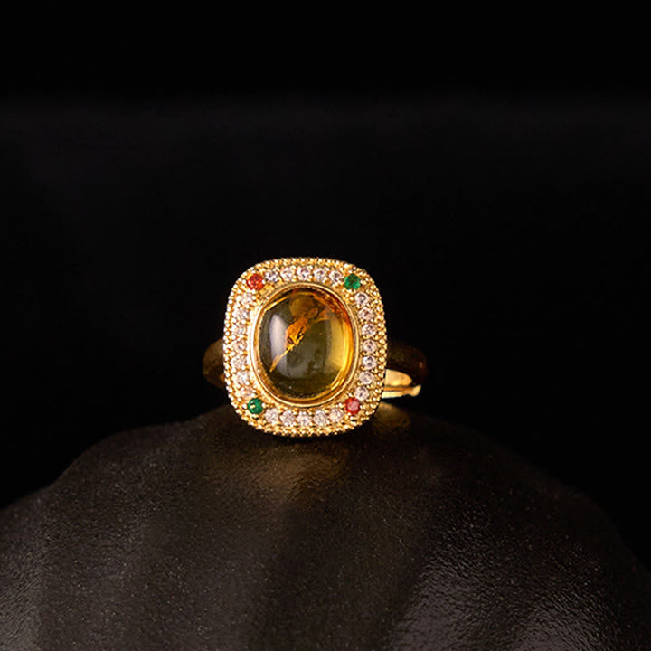 Bernstein Ring Quadrat Blume Diamanten elegant Schmuck Goldring