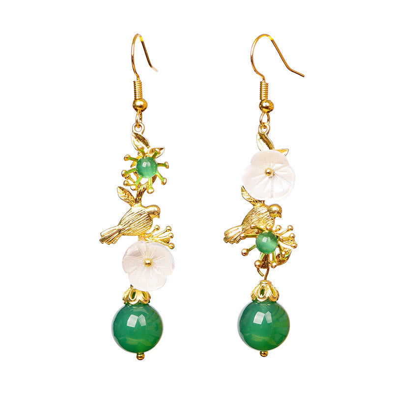 Ohrringe Grüner Achat Blume und Vogel goldfarben Boho Schmuck spirituell