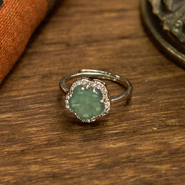 Ring Kupfer Jade Blume grüner Stein mit Kristallen Verzierung