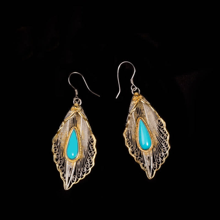 Ohrringe Silber Türkis Bodhi-Blatt Schutz filigran spirituell Boho Schmuck
