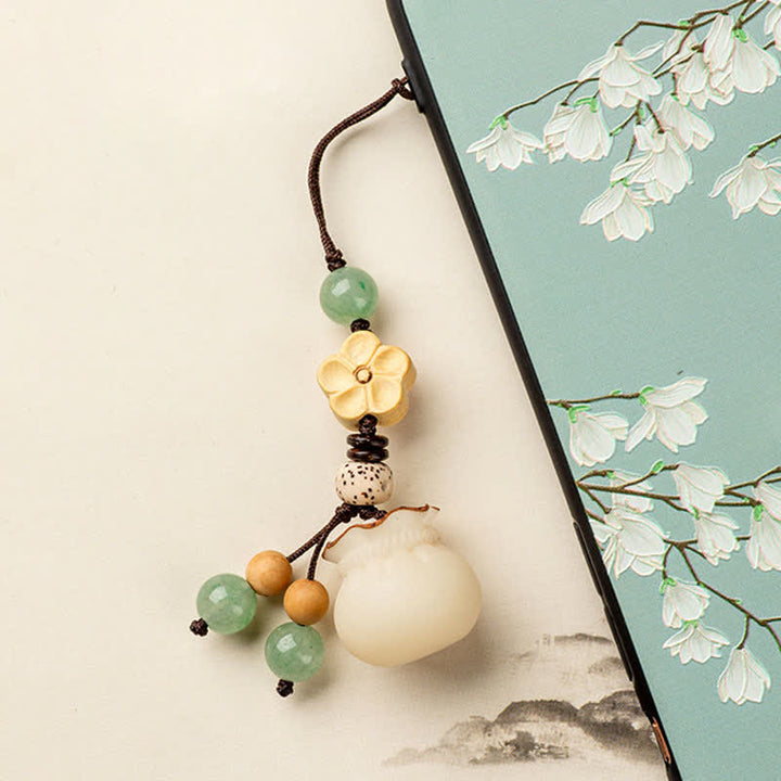 Schlüsselanhänger Bodhi Geldsack Wohlstand Jade Perlen Blume Glücksbringer spirituell
