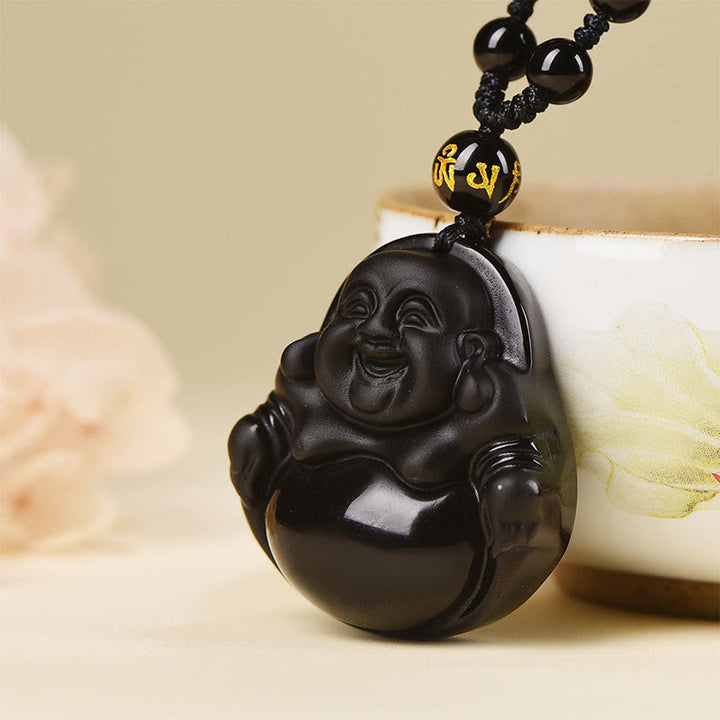Schwarzer Obsidian Kette Lachender Buddha Anhänger mit Natursteinen