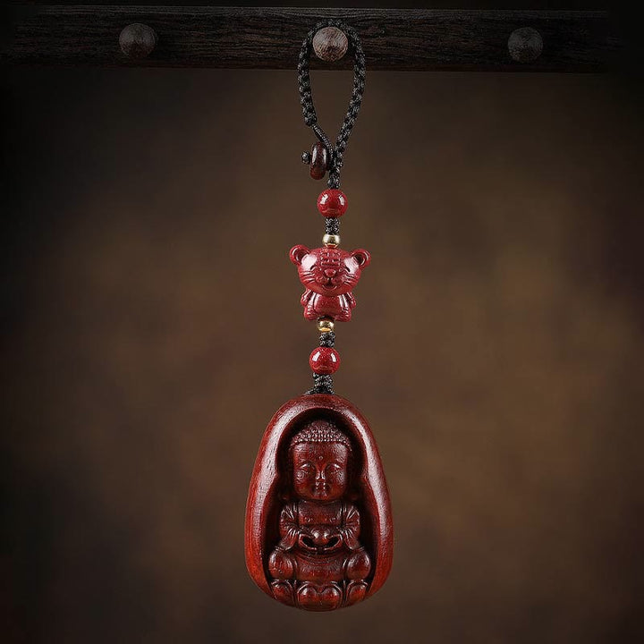 Schlüsselanhänger Buddha Sandelholz Tierkreis Tiger Glücksbringer spirituell handgeschnitzt
