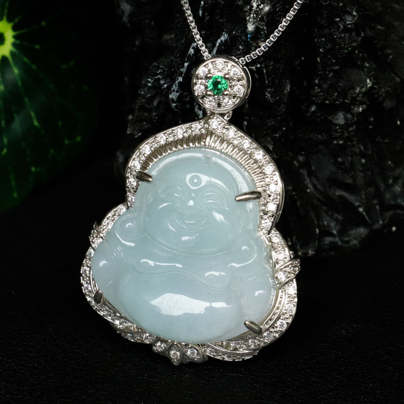 Jade Anhänger Lachender Buddha Silber Kette Überfluss glücklich