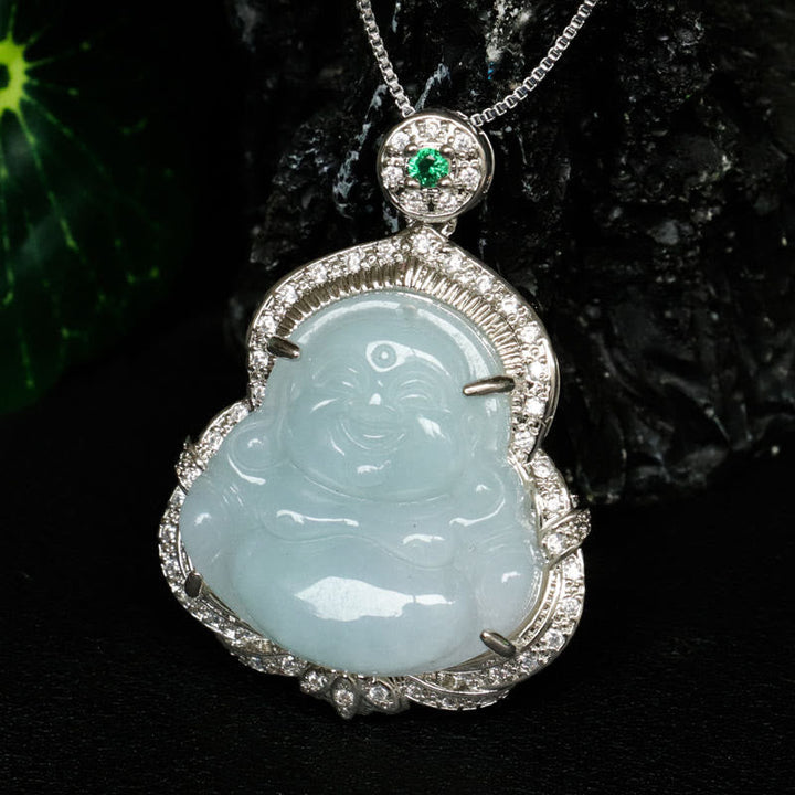 Jade Anhänger Lachender Buddha Silber Kette Überfluss glücklich