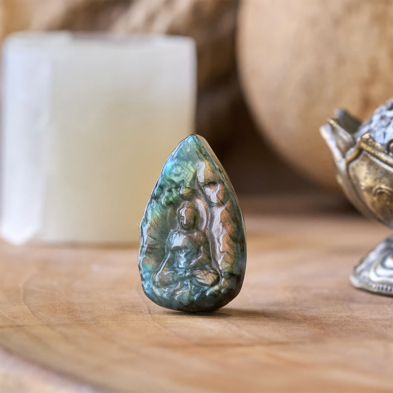 Buddha Statue Labradorit Tropfen Gravur Heilung Glücksbringer