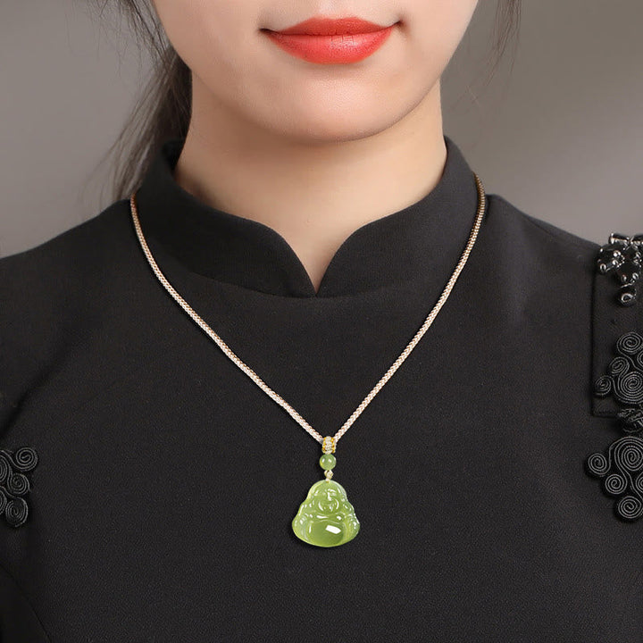 Grüne Jade Kette Lachender Buddha getragener Anhänger Wohlstand
