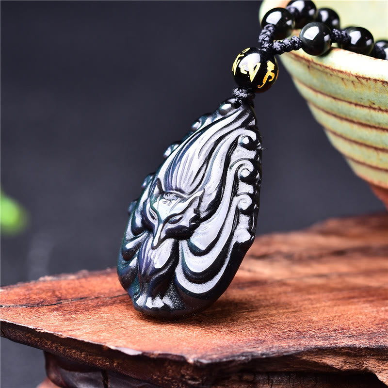 Anhänger Regenbogenobsidian Fuchs Gelassenheit schwarze Kette Naturstein
