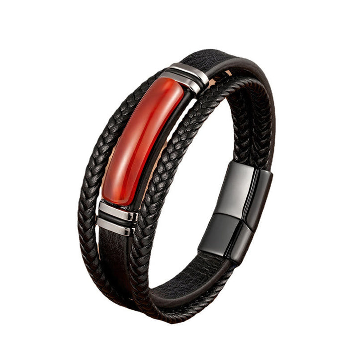 Schwarzes geflochtenes Lederarmband mit rotem Stein Magnetverschluss Herren