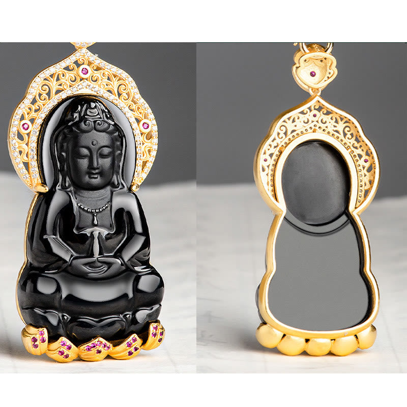 Kette Schwarze Jade Kwan Yin Natur Gold