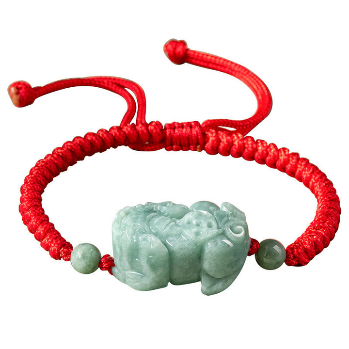 Jade Pixiu Armband rot geflochten mit grünen Steinen elastisch.