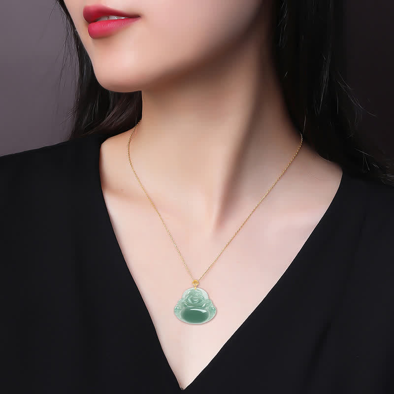 Anhänger Kette grüne Jade lachender Buddha Goldkette