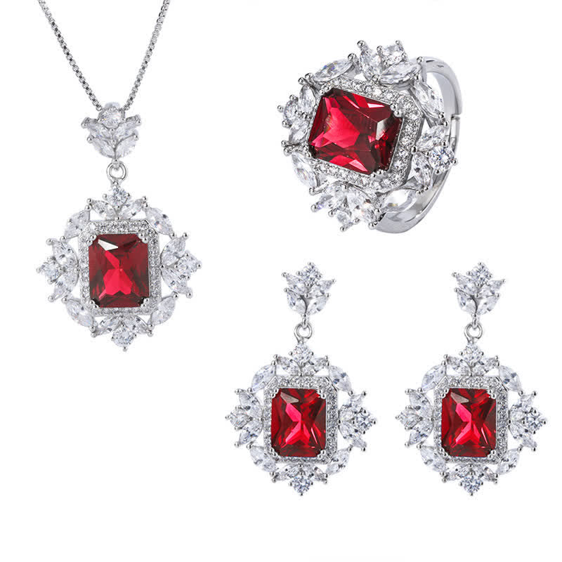 Rubin Schmuckset Anhänger Kette Ohrringe Ring