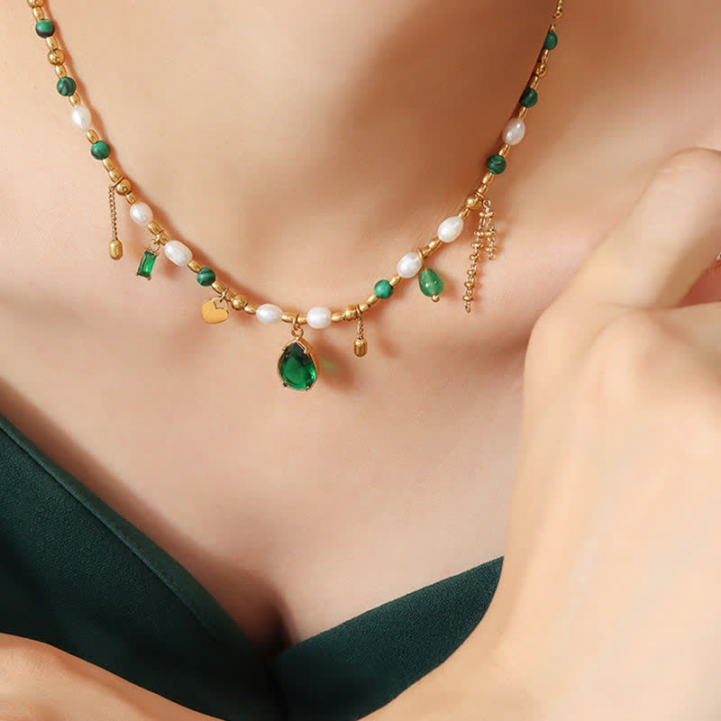 Kette Perle grün Zirkon Goldkette Anhänger