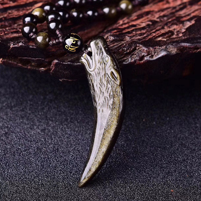 Obsidian Anhänger Kette Wolf Wolfszahn Naturstein Stärke