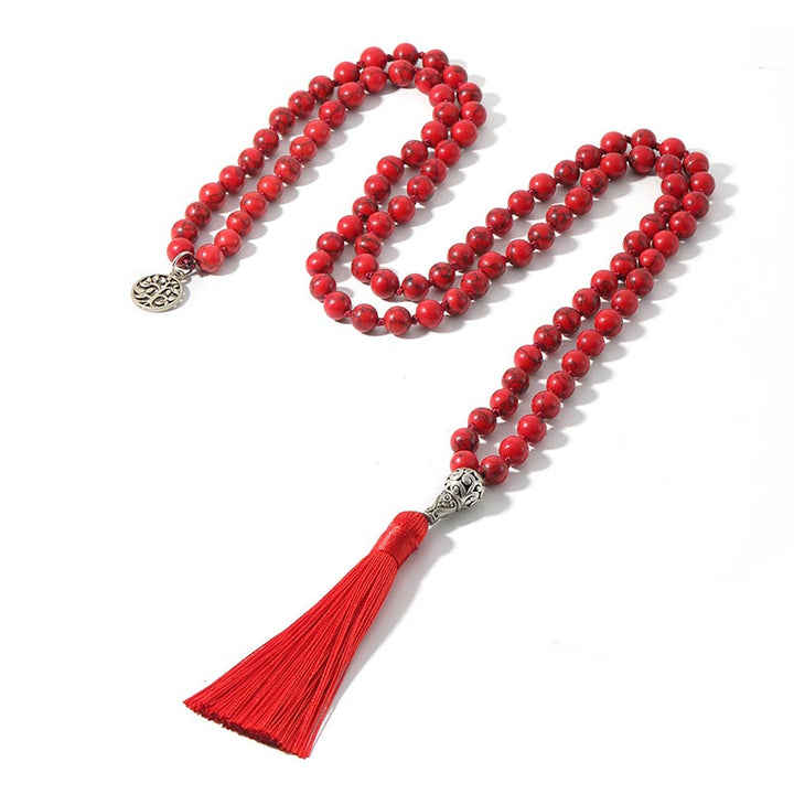 Rote Mala 108 Perlen Gebet Yoga Halskette mit Quaste Flachlage