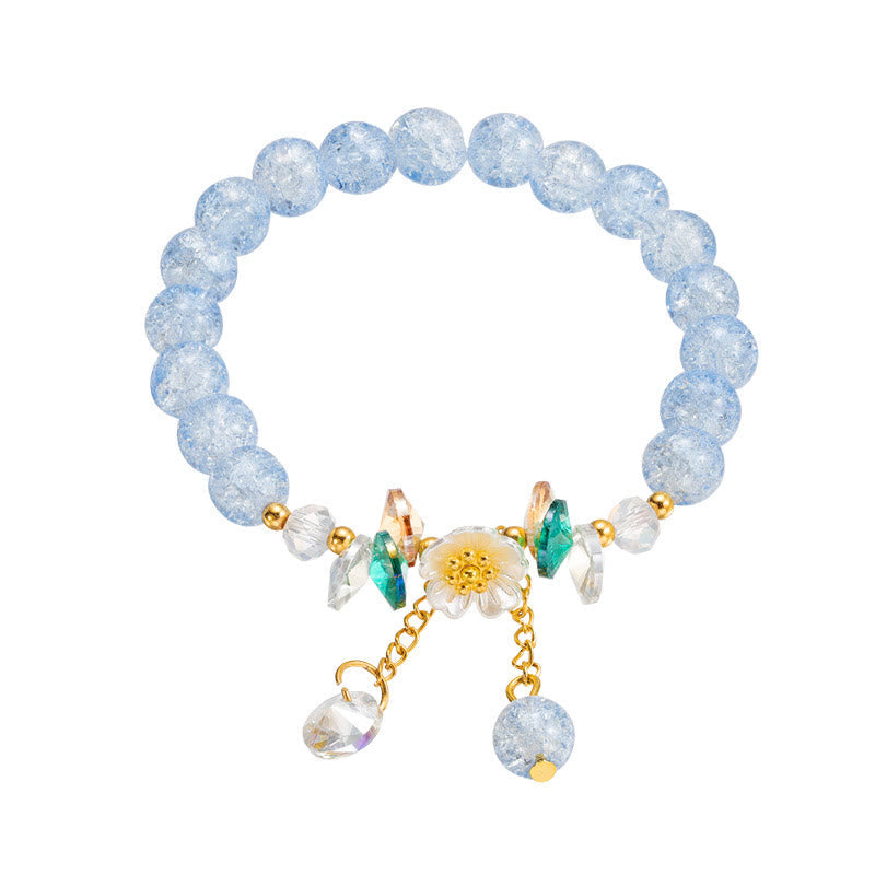Armband Blume Glas blaue Perlen Blütenanhänger Naturstein elastisch.