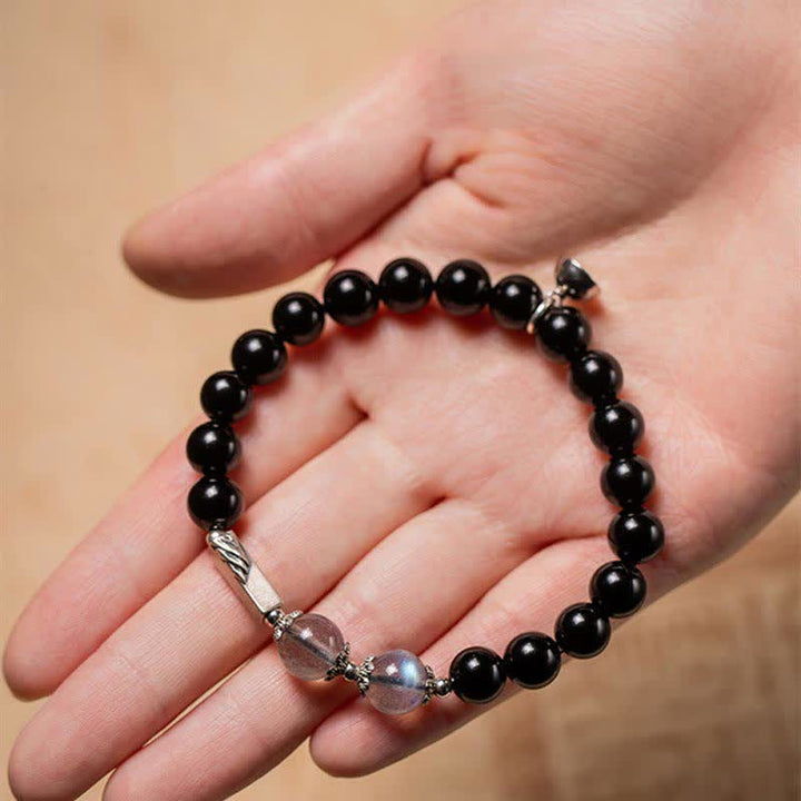 Schwarzes Obsidian Armband 925 Silber Mondstein Paar Stärke elegant