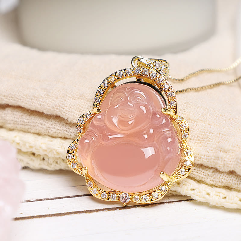 Anhänger Jade Buddha rosa Stein gold gefasst Diamanten Kette