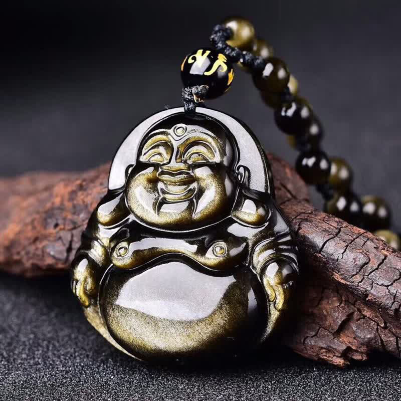 Kette Obsidian Lachender Buddha Wohlstand Goldglanz Anhänger