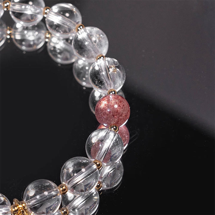 Armband Erdbeerquarz Weißer Kristall elastisch Perlen Heilstein Schmuck