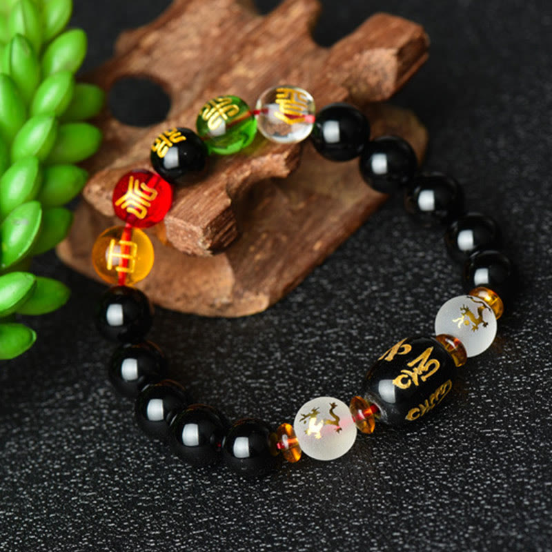 Armband Schwarzer Onyx – Glück Energie mit bunten Perlen und Holz