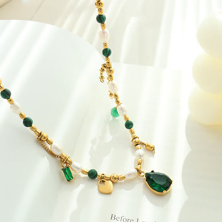 Kette Perle grün Zirkon gold Tropfenanhänger