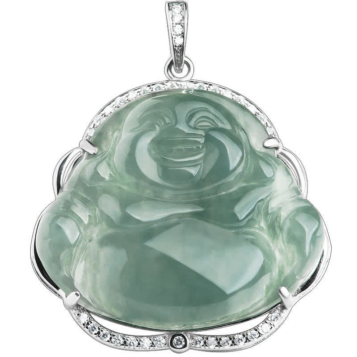 Anhänger Kette Jade Lachender Buddha Natur Glück Silber