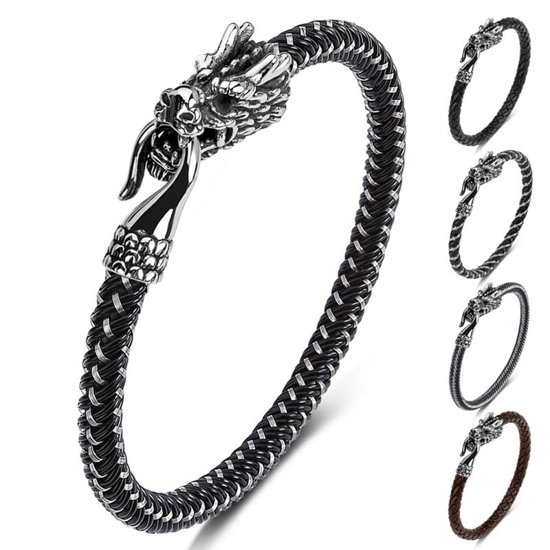 Armband Drachen Silber geflochtenes Lederarmband mit Drachenkopf Verschluss