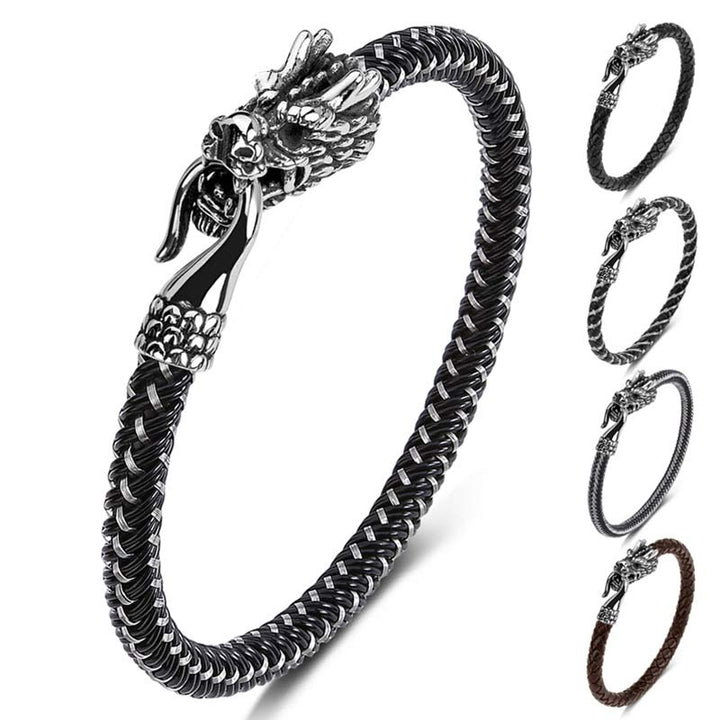 Armband Drachen Silber geflochtenes Lederarmband mit Drachenkopf Verschluss