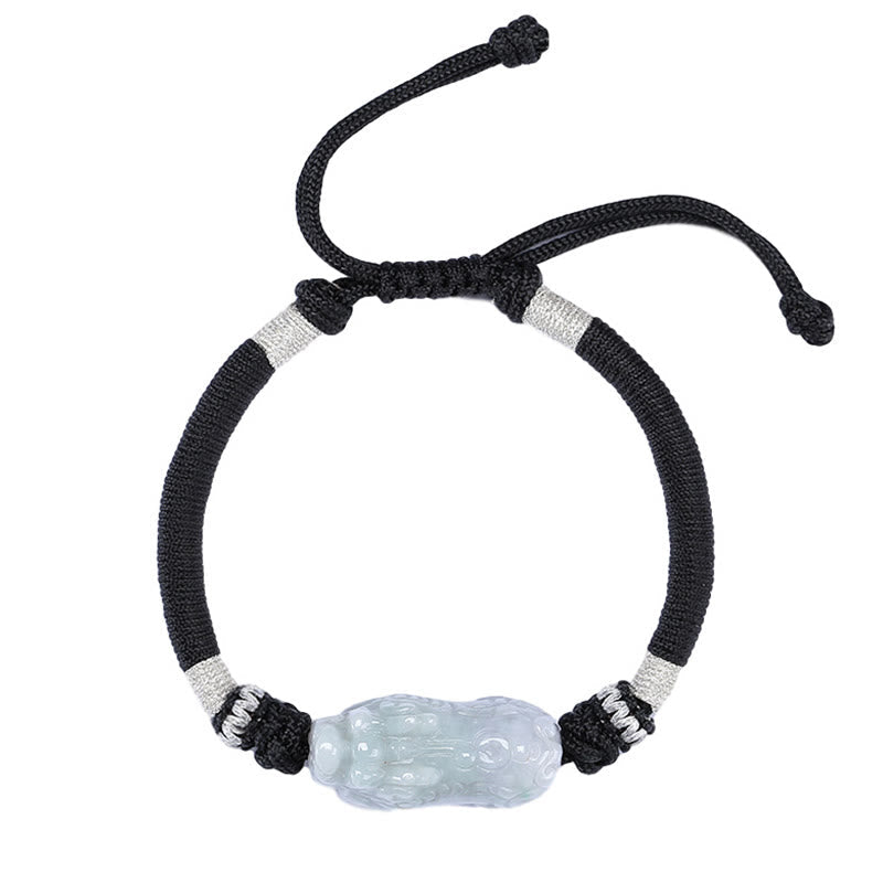 Jade Pixiu Armband schwarze Kordel grüner Stein Glück Wohlstand elastisch