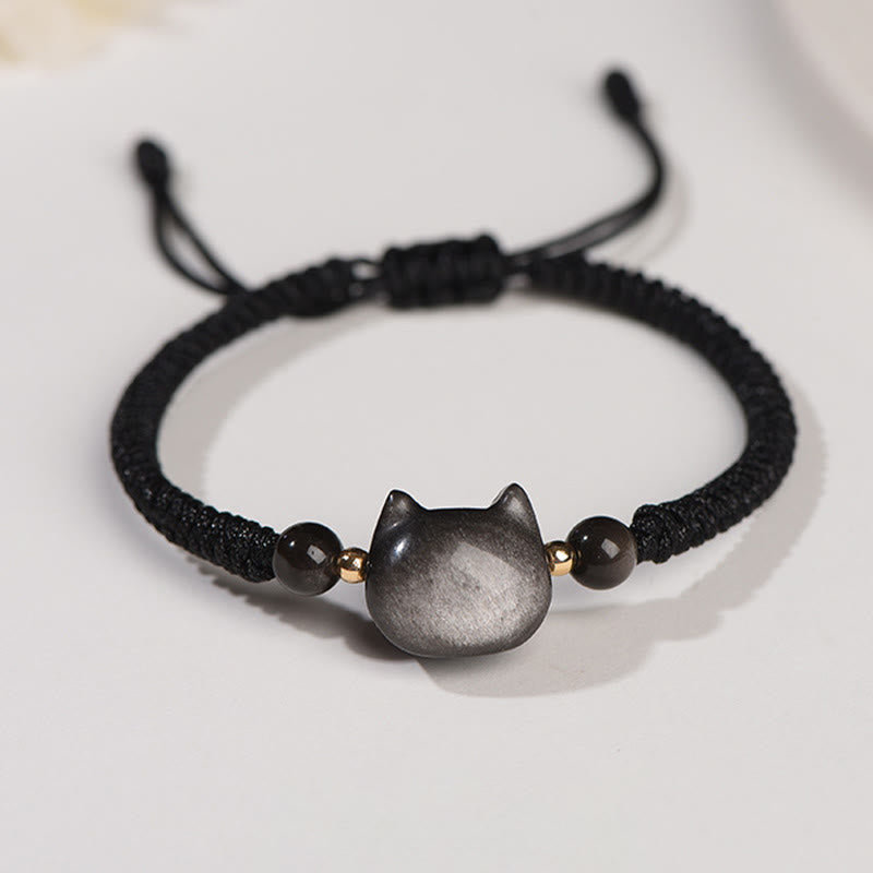 Armband Silber Obsidian Erdbeerquarz Katze – Schutz