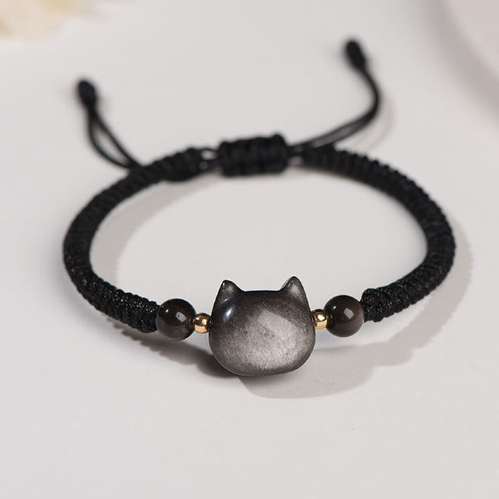 Armband Silber Obsidian Erdbeerquarz Katze – Schutz