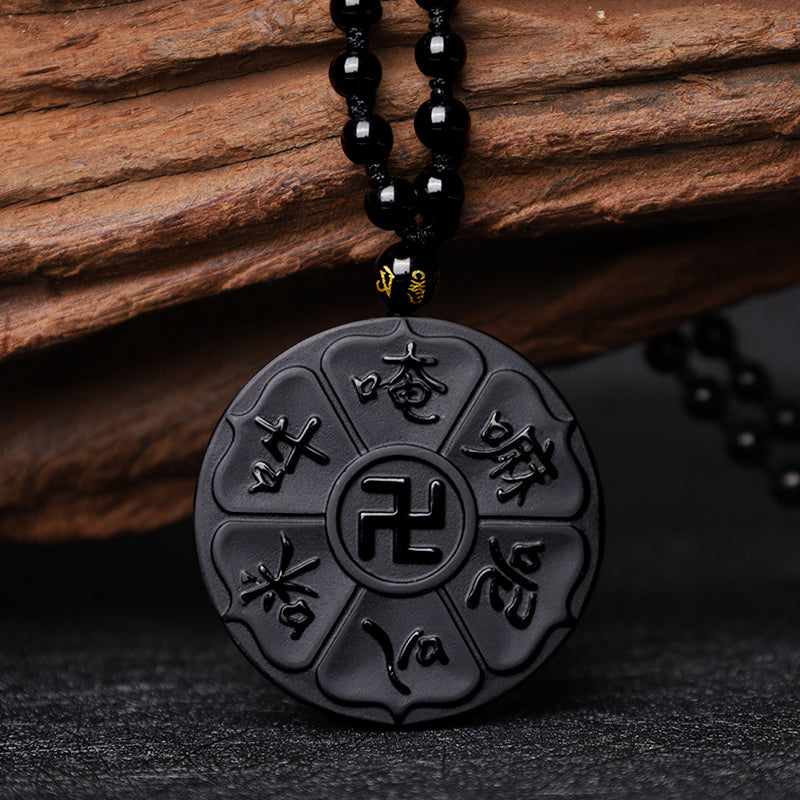 Schwarzer Obsidian Kette Om Mani Padme Hum Anhänger Glück Schutz